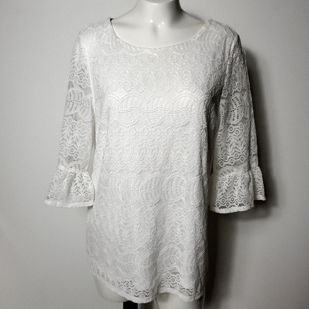 Adrianna Papell White Lace Bell Sleeves Top size L